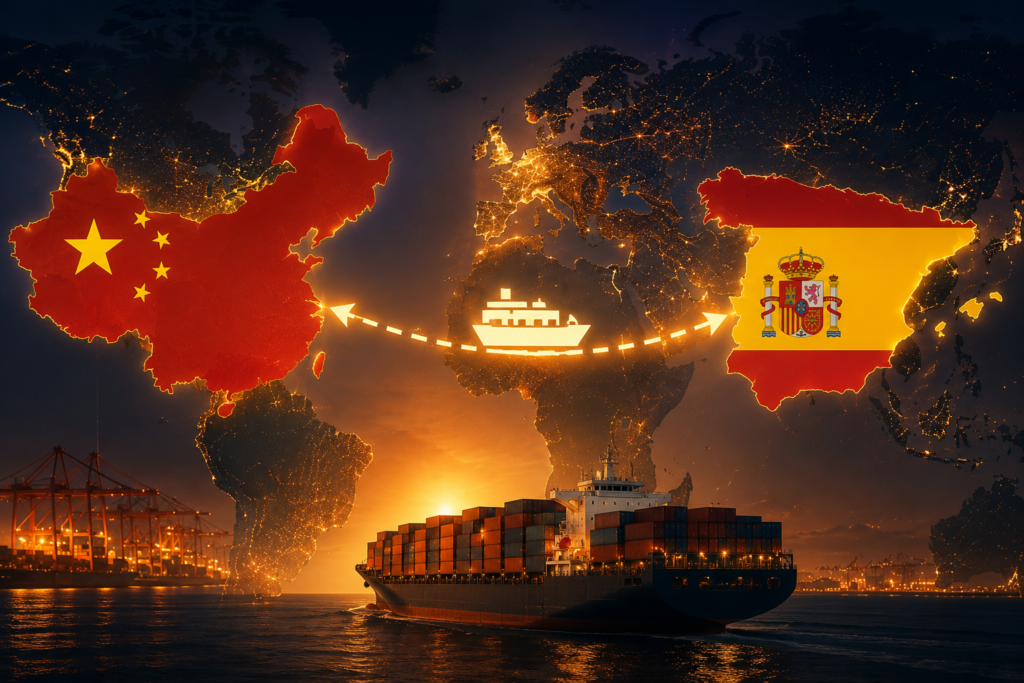Ruta marítima de importación entre China y España con banderas